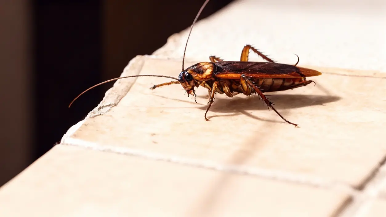 Una blatta su un pavimento di piastrelle vicino a un bordo danneggiato