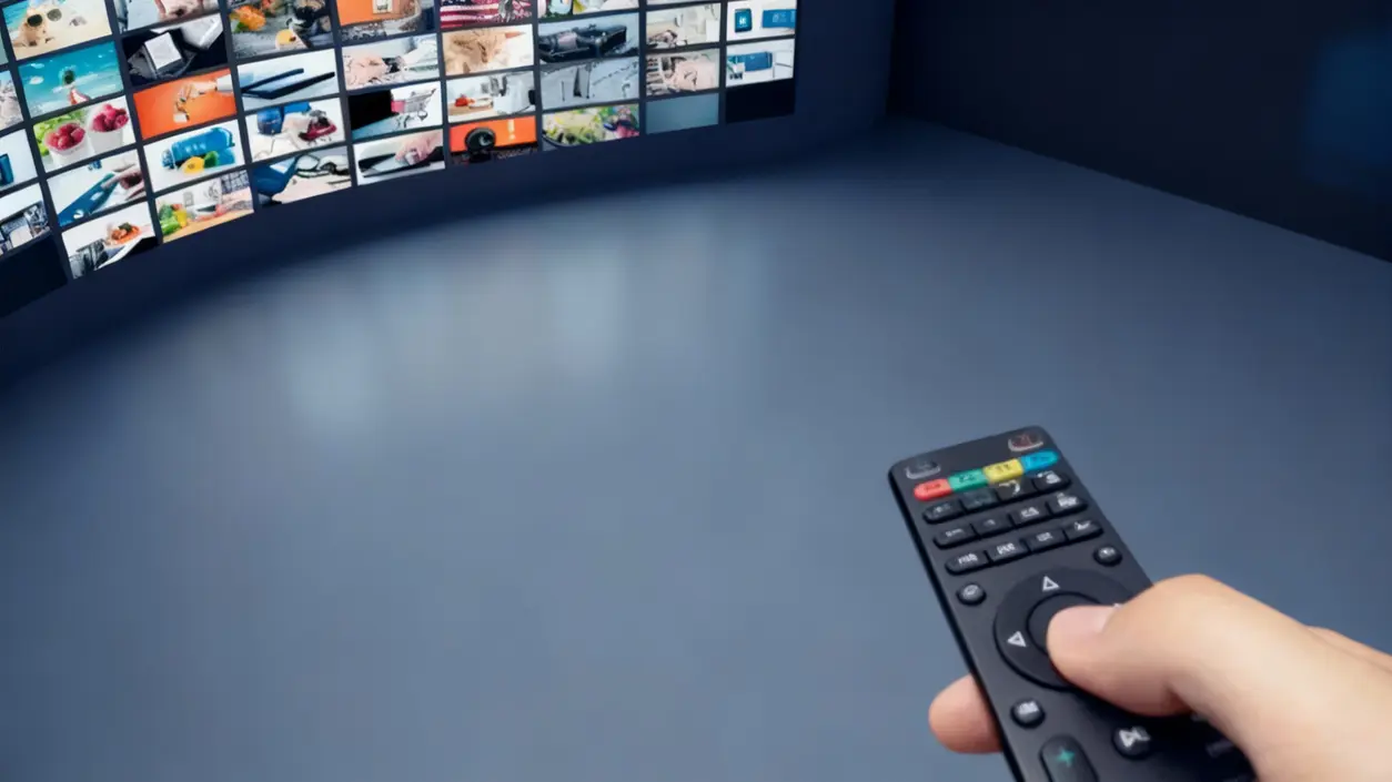 Una mano tiene un telecomando puntato verso una schermata con canali digitali