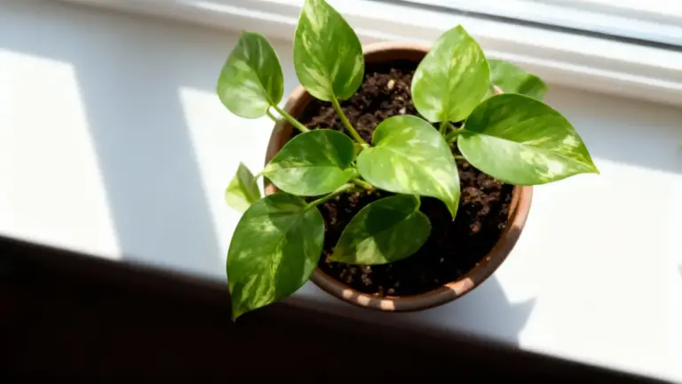 Pianta di Pothos in vaso posizionata su un davanzale soleggiato