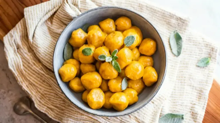 Ciotola di gnocchi di zucca fatti in casa su un canovaccio chiaro