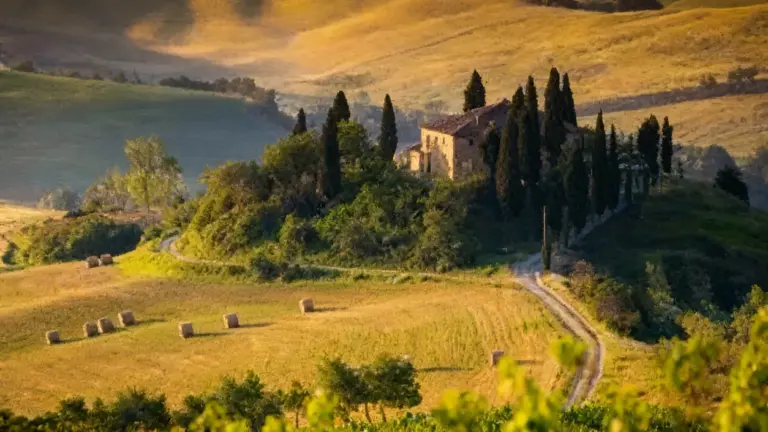 Casa di campagna su una collina circondata da alberi e campi coltivati al tramonto