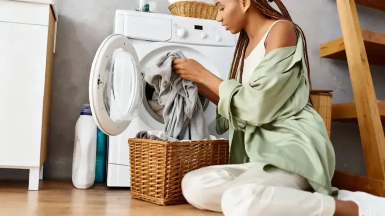 Persona che inserisce vestiti nella lavatrice accanto a un cesto in vimini