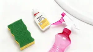 Spugna, bottiglietta di ammoniaca e spruzzatore rosa su superficie chiara