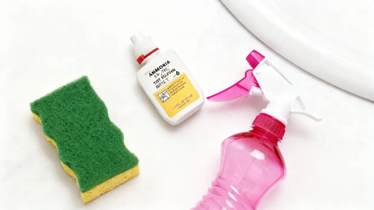 Spugna, bottiglietta di ammoniaca e spruzzatore rosa su superficie chiara