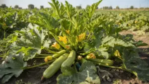 Pianta di zucchina matura in pieno campo con foglie larghe e fiori gialli.