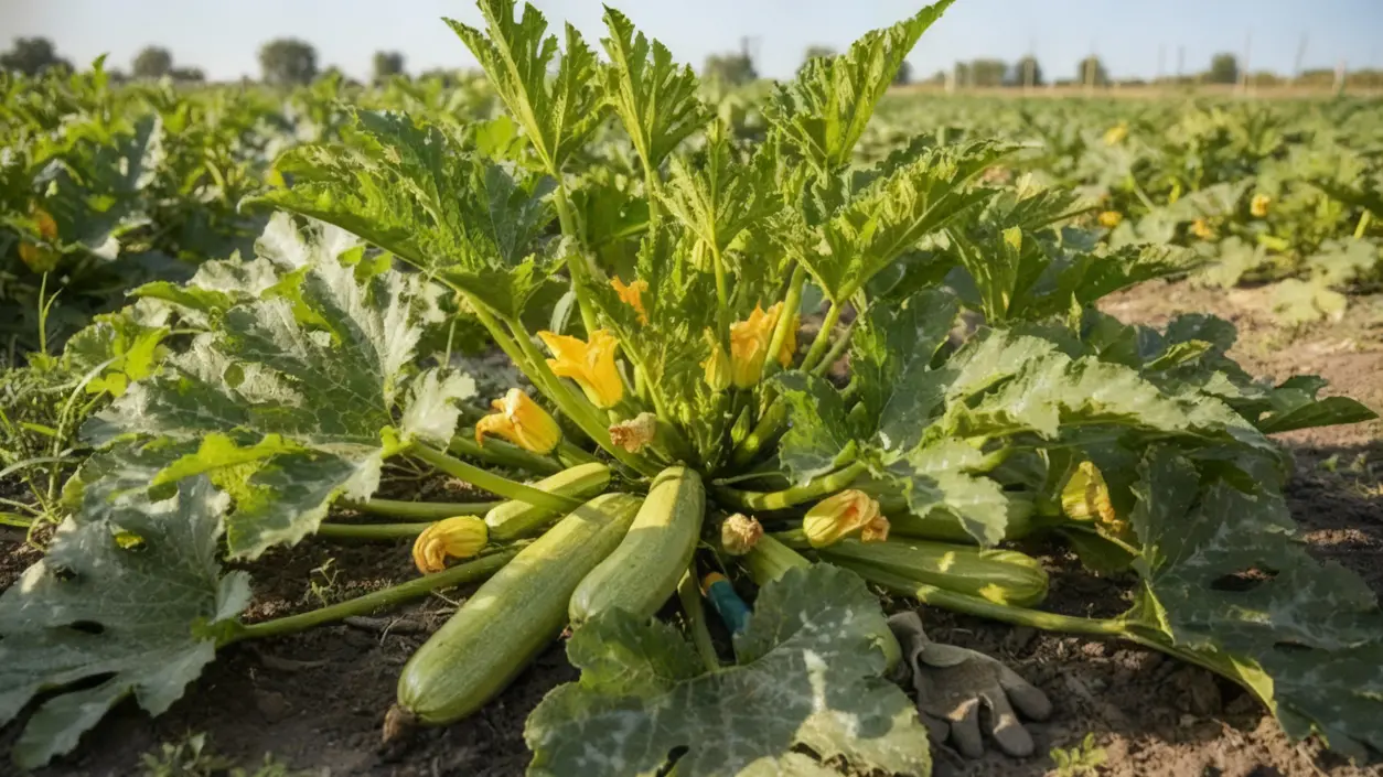 Pianta di zucchina matura in pieno campo con foglie larghe e fiori gialli.