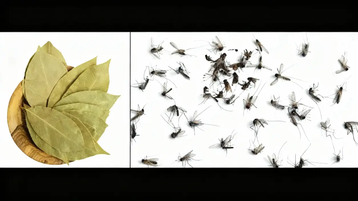 Foglie di alloro in una ciotola accanto a insetti su sfondo bianco