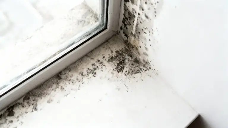 Muffa nera su un davanzale interno vicino a una finestra con condensa