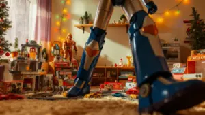 Giocattoli vintage anni ’80 disposti in una stanza decorata per Natale