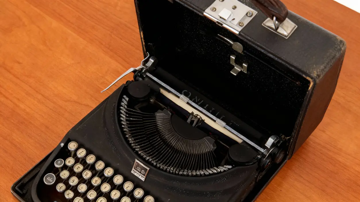 Vecchia macchina da scrivere nera degli anni '40 con custodia in pelle su tavolo in legno