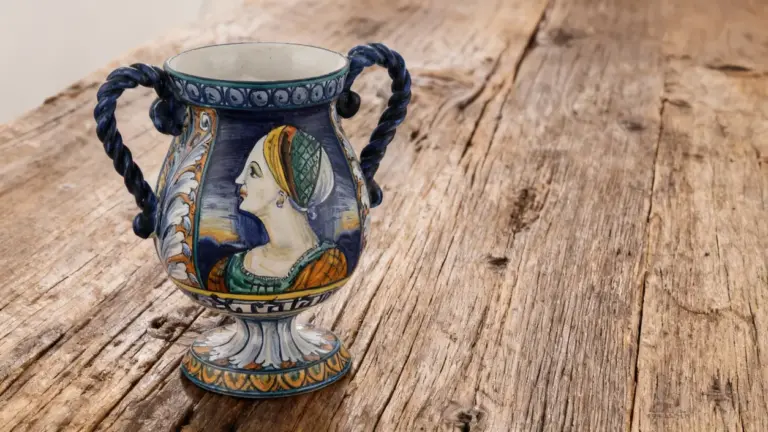 Vecchio vaso in ceramica decorato con motivi rinascimentali su tavolo in legno